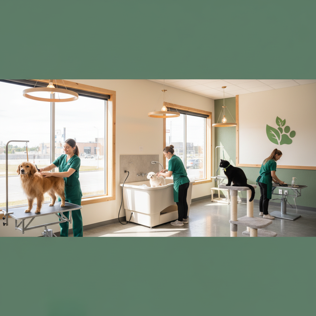 Professional pet groomer gently bathing a happy golden retriever in a modern grooming studio with natural light
